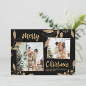 Elegante Gold Blätter 2 Foto Collage Weihnachtskar (Stehend Vorderseite)
