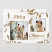 Elegante Gold Blätter 2 Foto Collage Weihnachtskar (Vorne/Hinten)