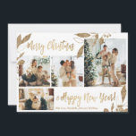 Elegante Gold Blätter 4 Foto Collage Weihnachtskar<br><div class="desc">Elegantes, modernes und weißes botanisches Blätter 4 FotoCollage Frohe Weihnachtskarte. Dieses festliche, mimimalistische, skurrile vier (4) Foto-Urlaubskarte-Template verfügt über eine hübsche Foto-Collage, Imitate Gold-Folie botanische Blätter, Winterbeeren und sagt Frohe Weihnachten und Glück Neues Jahr! Der Grußtext "Frohe Weihnachten und Glück im neuen Jahr" ist in einem handgeschriebenen Schriftzeichen-Schriftart auf weißem...</div>