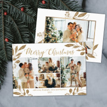 Elegante Gold Blätter 4 Foto Collage Weihnachtskar