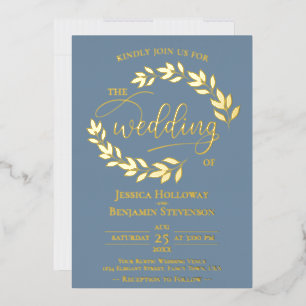 Elegante Gold Blätter auf Dusty Blue Classy Weddin Folieneinladung