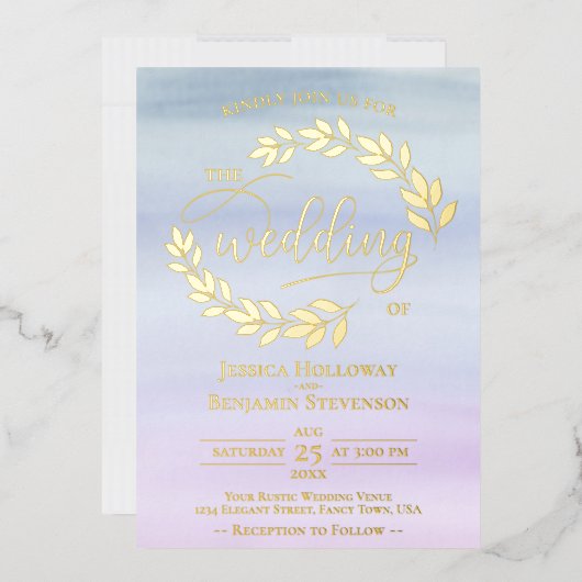 Elegante Gold Blätter auf Dusty Blue & Lilac Weddi Folieneinladung (Briefumschlag)