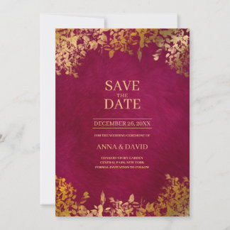 Elegante Gold Blätter Burgundy Save the Date Hochz Einladung