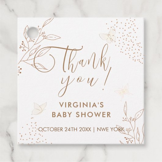 Elegante Gold Blätter Butterfly Baby Shower Geschenkanhänger (Vorderseite)