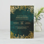 Elegante Gold Blätter Velvet Green Wedding Einladung (Stehend Vorderseite)