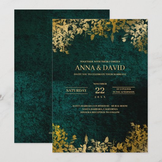 Elegante Gold Blätter Velvet Green Wedding Einladung (Vorne/Hinten)