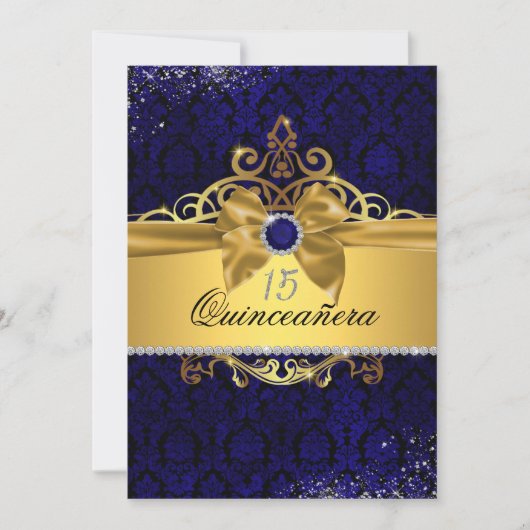 Elegante Gold Blue Damask Quinceanera Einladung (Vorderseite)