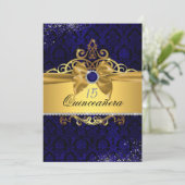 Elegante Gold Blue Damask Quinceanera Einladung (Stehend Vorderseite)