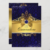 Elegante Gold Blue Damask Quinceanera Einladung (Vorne/Hinten)