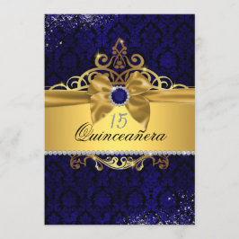Elegante Gold Blue Damask Quinceanera Einladung