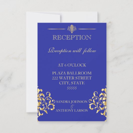 Elegante Gold & Blue Wedding Reception Card Einladung (Vorderseite)