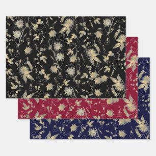 Elegante Gold Blume Black Burgundy Navy Geschenkpapier Set