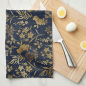 Elegante Gold Blume Blau Botanisch Geschirrtuch (Viertel Falte)