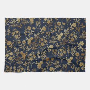 Elegante Gold Blume Blau Botanisch Geschirrtuch