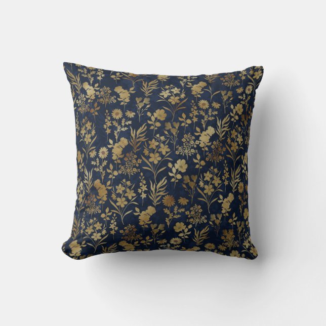 Elegante Gold Blume Blau Botanisch Kissen (Vorderseite)
