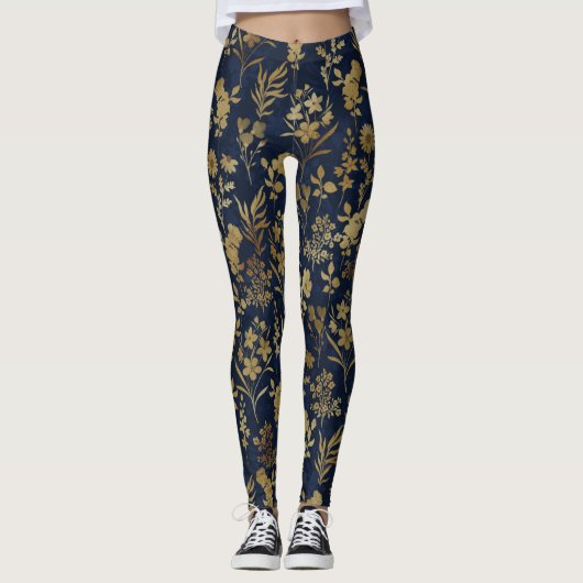 Elegante Gold Blume Blau Botanisch Leggings (Vorderseite)