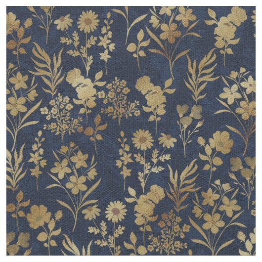 Elegante Gold Blume Blau Botanisch Stoff (Nahaufnahme)