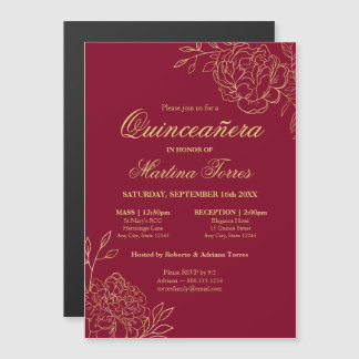 Elegante Gold Blume Burgund Floral Quinceanera Magneteinladung