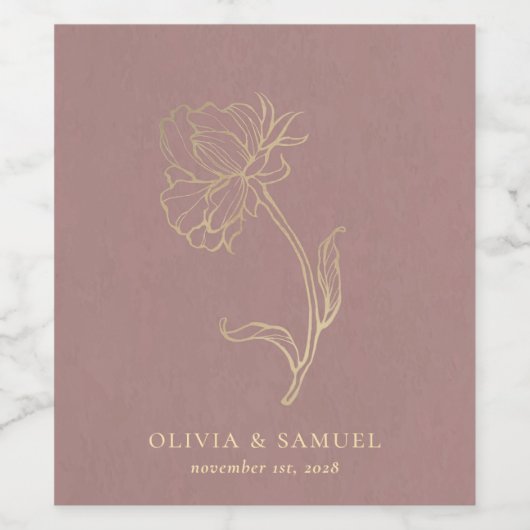 Elegante Gold Blume Dusty Rose Typografy Wedding Weinetikett (Einzelnes Label)