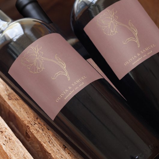 Elegante Gold Blume Dusty Rose Typografy Wedding Weinetikett