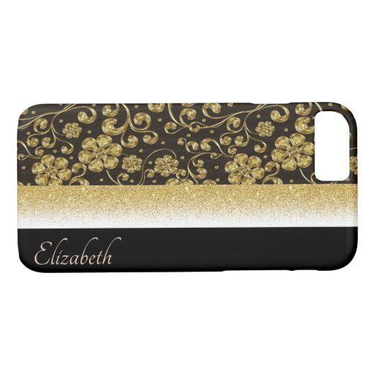 Elegante Gold-Blume, Glitzer, Personalisiert Case-Mate iPhone Hülle (Rückseite (Horizontal))