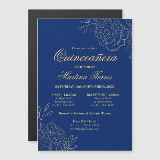 Elegante Gold Blume Royal Blue Floral Quinceanera Magneteinladung (Vorne/Hinten)