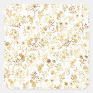 Elegante Gold Blume Weiß Botanisch Quadratischer Aufkleber