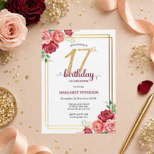 Elegante Gold Blush Floral 17. Geburtstagsfeier Einladung