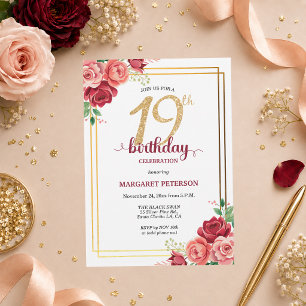 Elegante Gold Blush Floral 19. Geburtstagsfeier Einladung