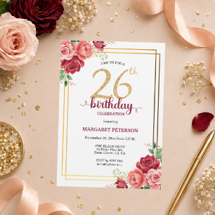Elegante Gold Blush Floral 26. Geburtstagsfeier Einladung