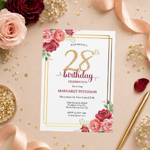 Elegante Gold Blush Floral 28. Geburtstagsfeier Einladung