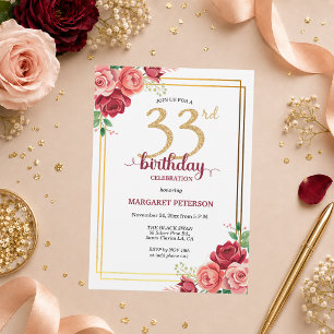 Elegante Gold Blush Floral 33. Geburtstagsfeier Einladung
