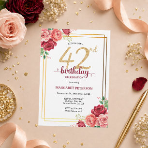 Elegante Gold Blush Floral 42. Geburtstagsfeier Einladung