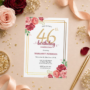 Elegante Gold Blush Floral 46. Geburtstagsfeier Einladung
