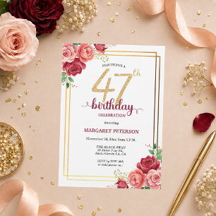 Elegante Gold Blush Floral 47. Geburtstagsfeier Einladung