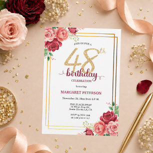 Elegante Gold Blush Floral 48. Geburtstagsfeier Einladung