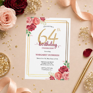 Elegante Gold Blush Floral 64. Geburtstagsfeier Einladung