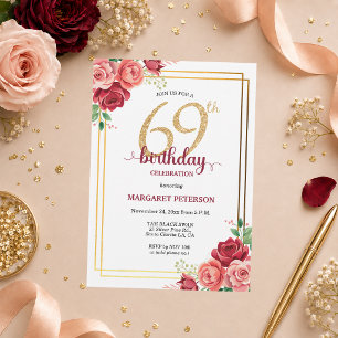 Elegante Gold Blush Floral 69. Geburtstagsfeier Einladung