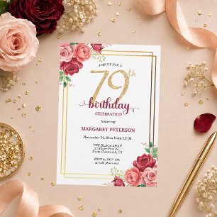 Elegante Gold Blush Floral 79. Geburtstagsfeier Einladung