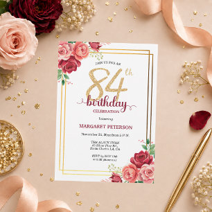 Elegante Gold Blush Floral 84. Geburtstagsfeier Einladung