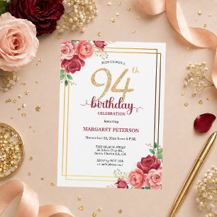 Elegante Gold Blush Floral 94. Geburtstagsfeier Einladung