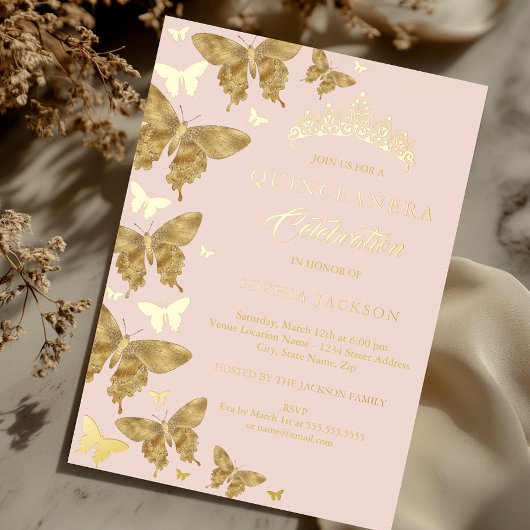 Elegante Gold Blush Pink Butterfly Quinceanera Folieneinladung