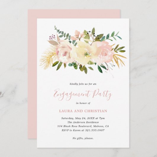 Elegante Gold Blush Pink Floral Engagement Party Einladung (Vorne/Hinten)