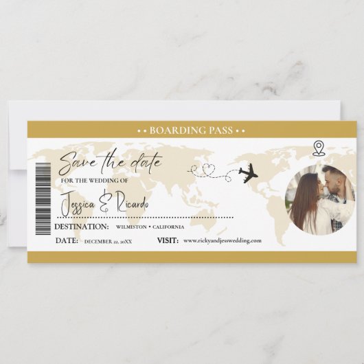 Elegante Gold Boarding Pass Ticket Hochzeit Save The Date (Vorderseite)