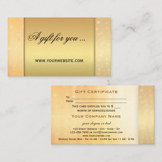 Elegante Gold Bokeh Geschenkgutschrift Rabattkarte (Vorne/Hinten)