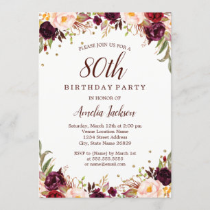 Elegante Gold-Bordeaux Blumen 80. Geburtstagsfeier Einladung