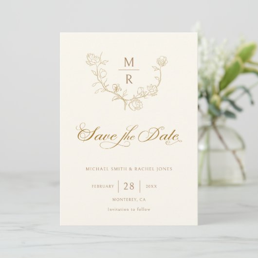 Elegante Gold Botanische Kalligraphie Save the Dat Save The Date (Stehend Vorderseite)