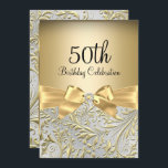 Elegante Gold Bow Floral Swirl 50. Geburtstagspart Einladung<br><div class="desc">Eleganter Gold Bow Blumenwirl 50. Geburtstagsparty Einladung. Elegantes goldenes Diamantenbogen und florales Swirl Design. Bitte beachten: Alle flachen Bilder! Sie haben keine echten Juwelen!</div>