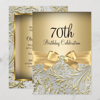 Elegante Gold Bow Floral Swirl 70. Geburtstagspart Einladung