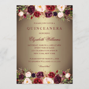 Elegante Gold Burgund Rose Quinceanera Einladung